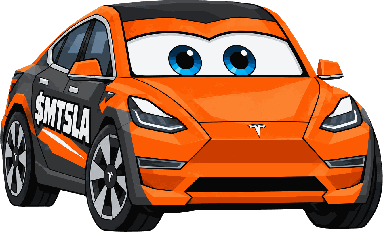 Cartoon orange and charcoal electric car with big blue eyes and $MTSLA on the door