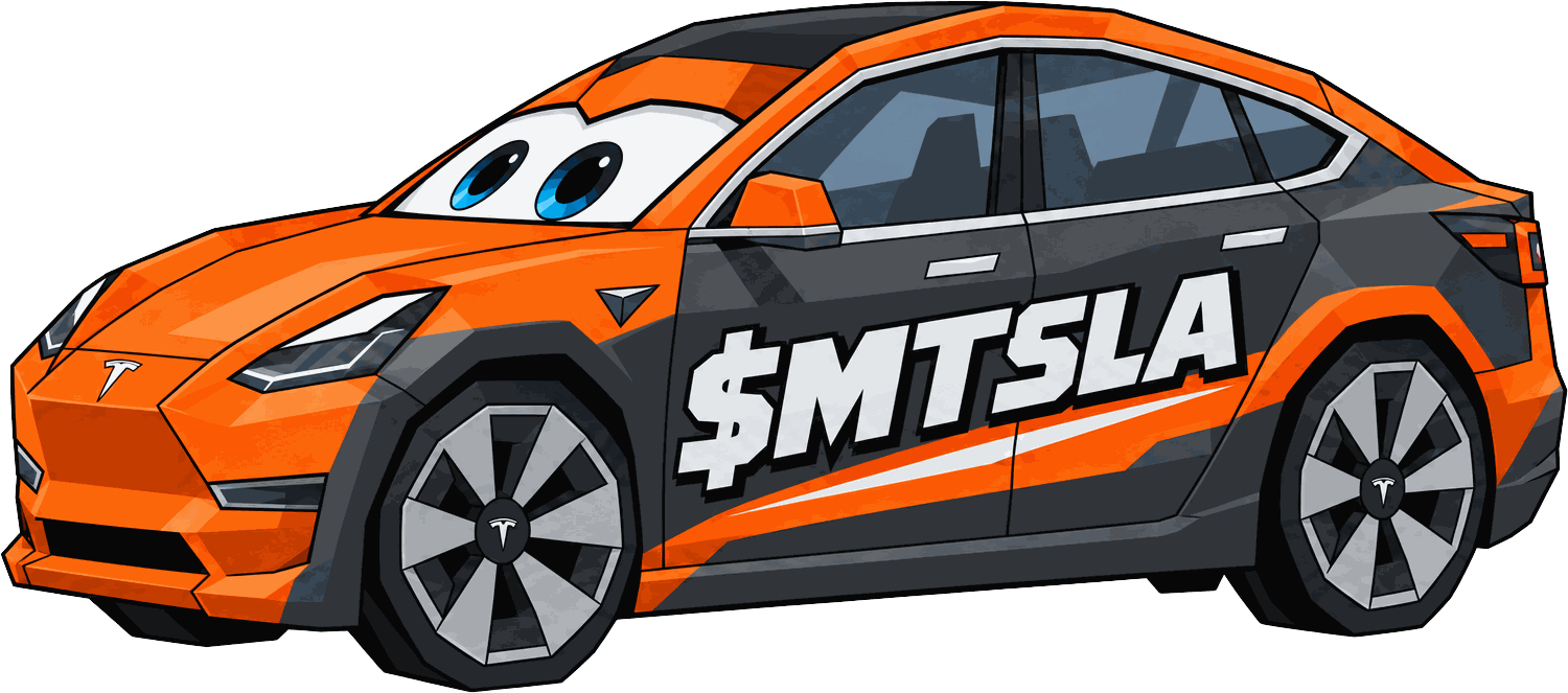 Side view of the MoneroTesla, an orange and charcoal cartoon sedan with $MTSLA painted on the doors